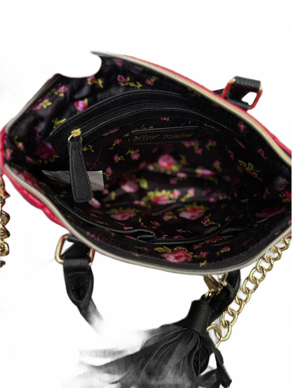 Betsey Johnson Red Heart Quilted Satchel Crossbody Bag Tassel Charm Top Handle - Picture 4 of 6